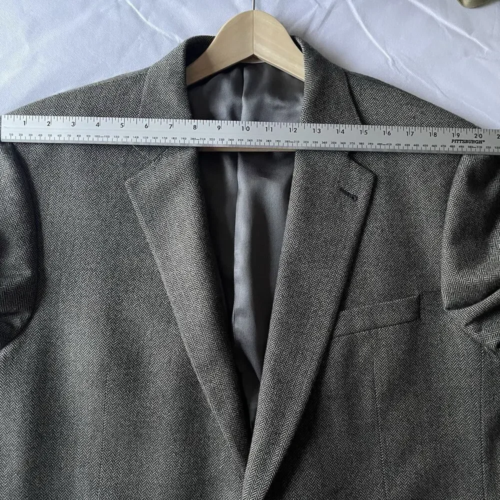 Burberry London Blazer Mens 46 Long Grey Herringbone 100% Wool Kensington Jacket